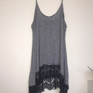 A striped tee with navy blue lace on bottom